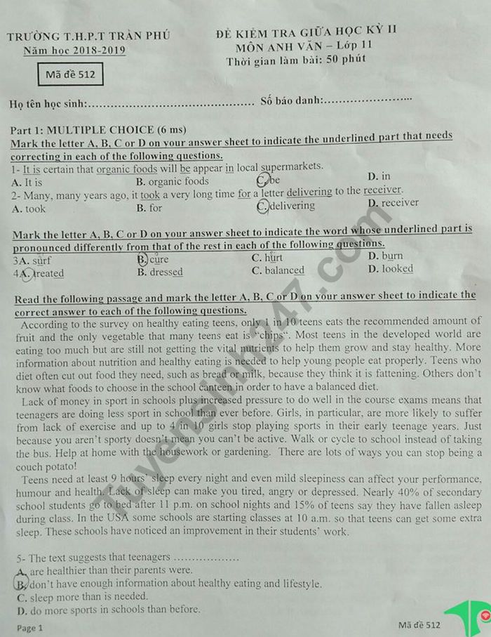 De kiem tra giua ki 2 mon Anh lop 11 - THPT Tran Phu 2019