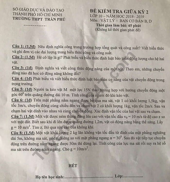 De thi giua ki 2 mon Li lop 10 nam 2019 - THPT Tran Phu