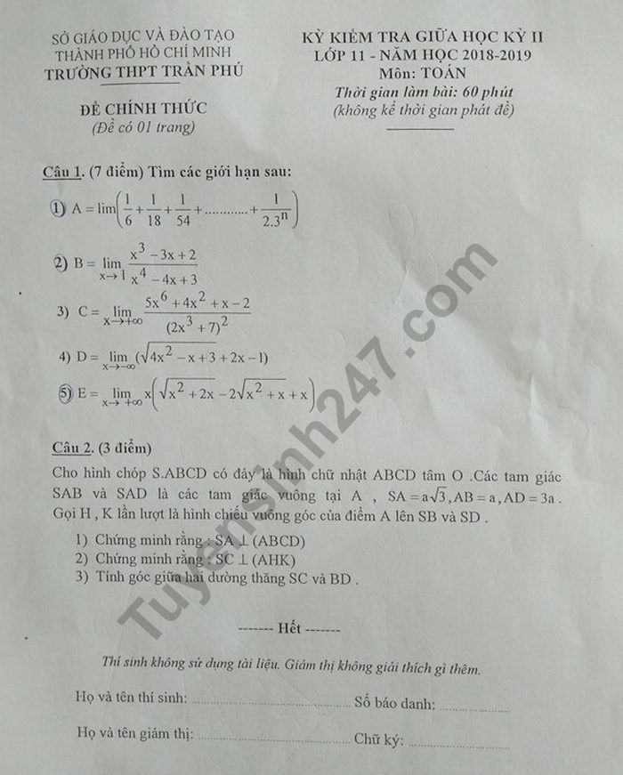 De thi giua ki 2 mon Toan nam 2019 lop 11 - THPT Tran phu