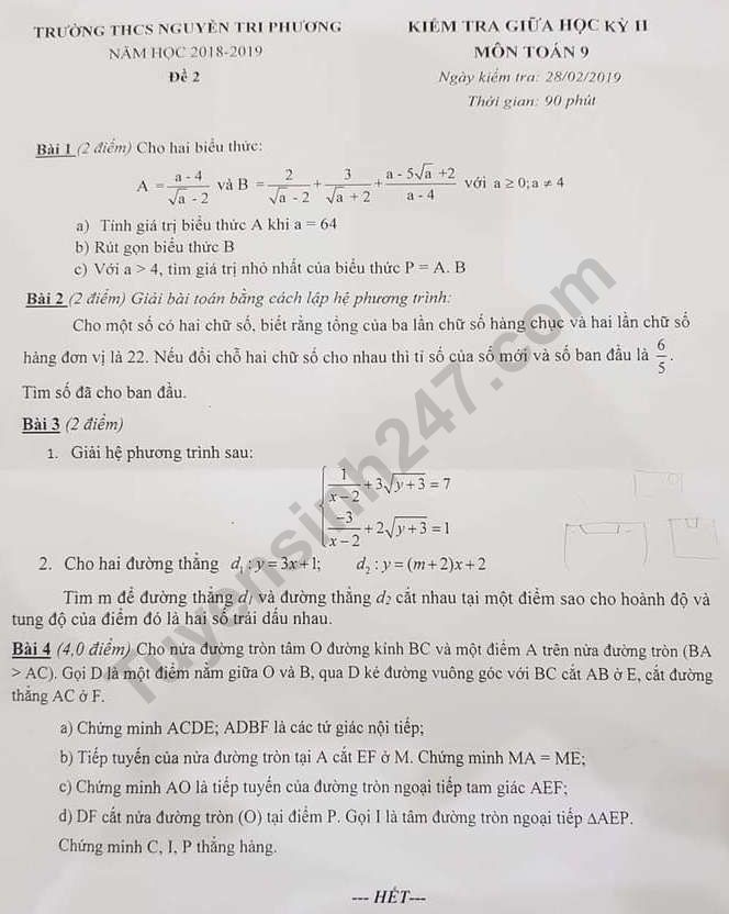 De thi giua hoc ki 2 lop 9 mon Toan 2019 - THCS Nguyen Tri Phuong