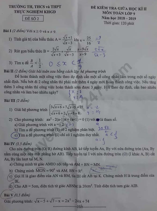 De thi giua ki 2 mon Toan lop 9 THCS Thuc Nghiem 2019