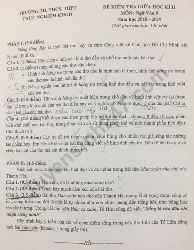 De thi giua ki 2 lop 9 mon Van 2019 - THCS Thuc Nghiem