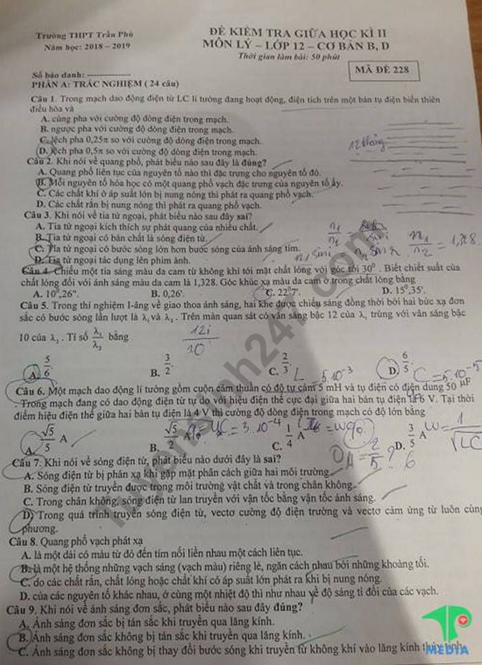 De kiem tra giua ki 2 lop 12 mon Li - THPT Tran Phu 2019