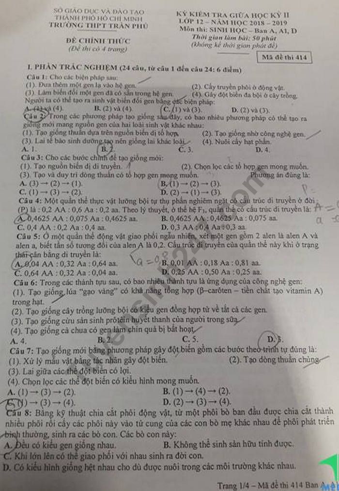 De kiem tra giua ki 2 lop 12 mon Sinh nam 2019 - THPT Tran Phu