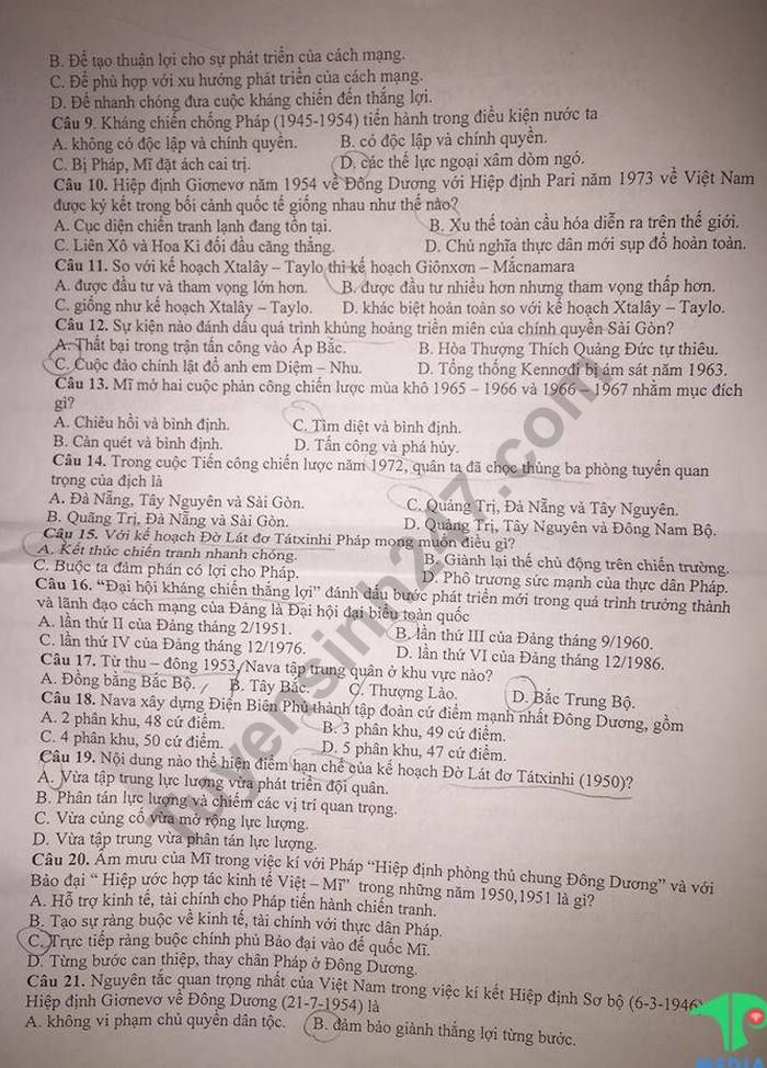 De kiem tra giua ki 2 mon Su lop 12 - THPT Tran Phu 2019