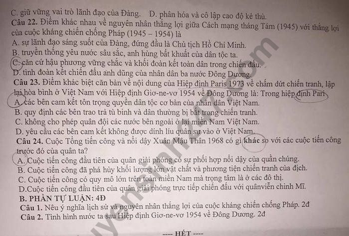 De kiem tra giua ki 2 mon Su lop 12 - THPT Tran Phu 2019