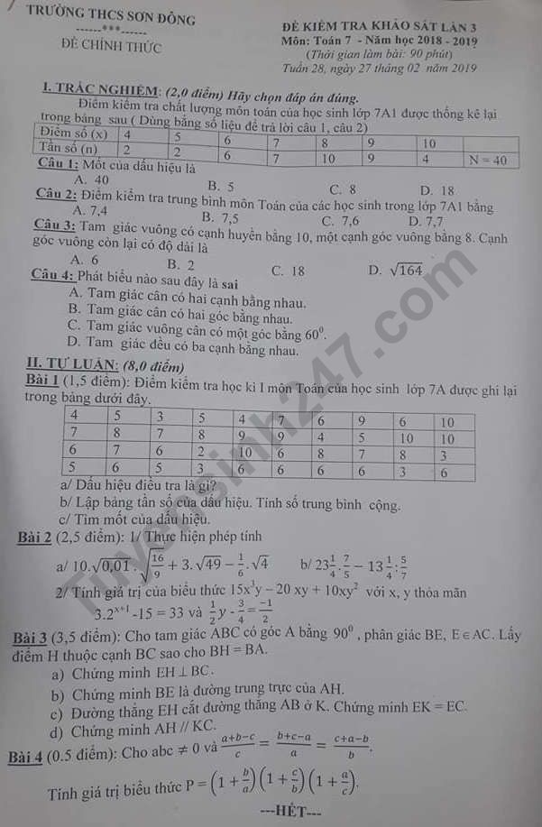 De thi giua ki 2 lop 7 mon Toan 2019 THCS Son Dong