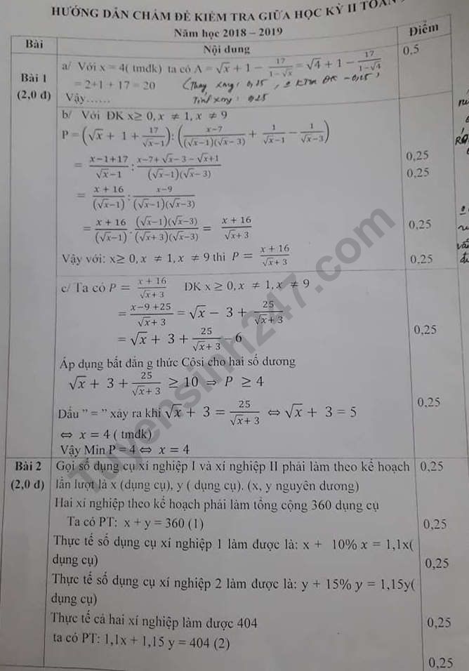 De thi giua ki 2 lop 9 mon Toan THCS Son Dong 2019