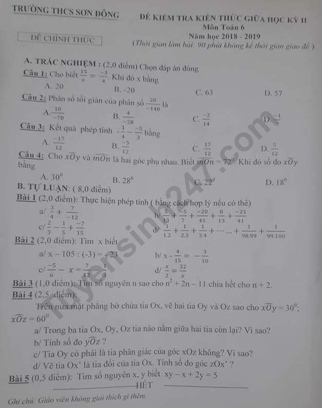 De thi giua ki 2 mon Toan lop 6 THCS Son Dong 2019