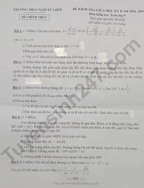 De thi giua ki 2 lop 9 mon Toan - Nam Tu Liem 2019