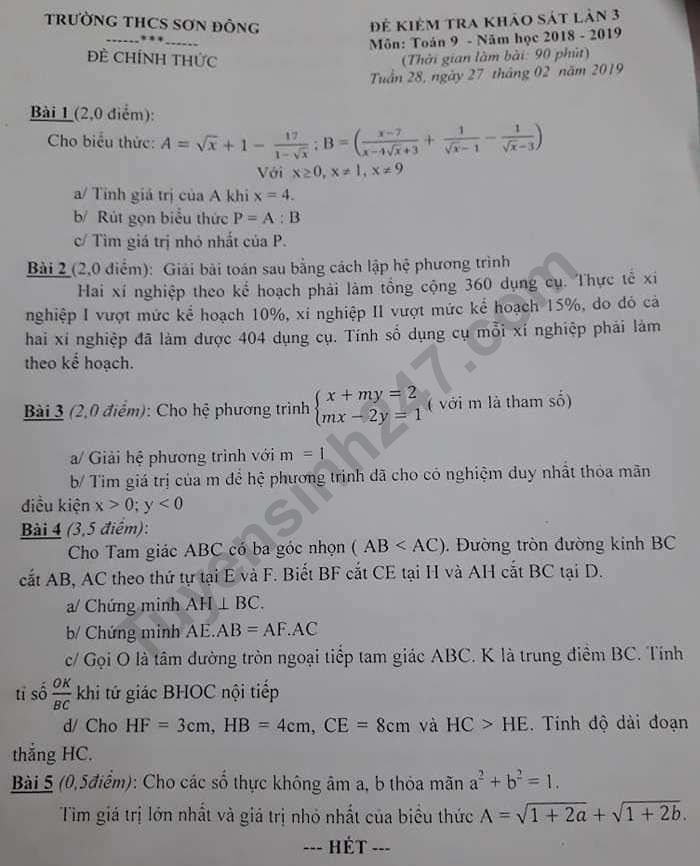 De thi giua ki 2 lop 9 mon Toan THCS Son Dong 2019