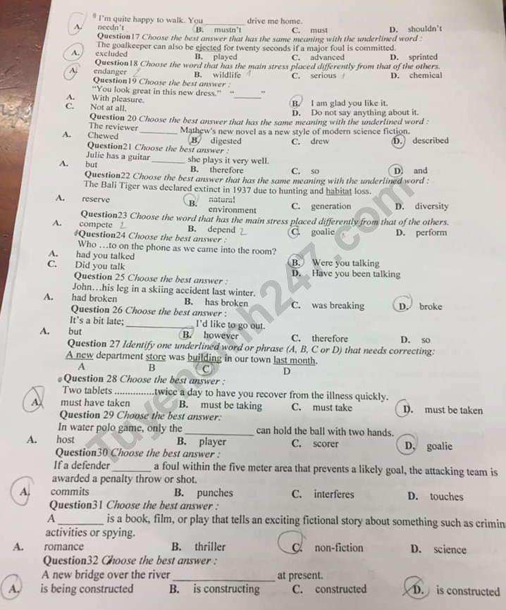 De thi giua ki 2 lop 12 mon Anh 2019 - THPT Cu Chi