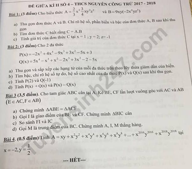 De thi giua ki 2 lop 7 mon Toan THCS Nguyen Cong Tru 2018
