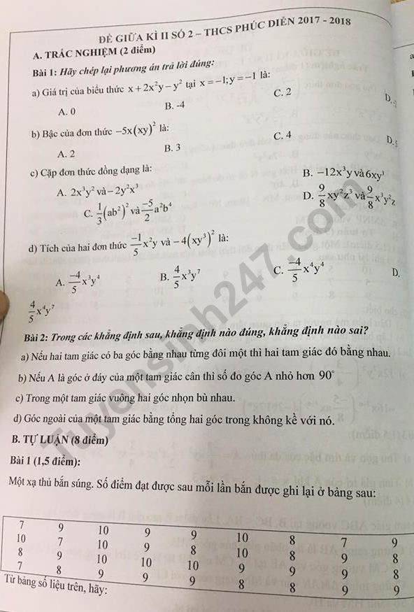 De kiem tra giua ki 2 mon Toan lop  7 THCS Phuc Dien 2018