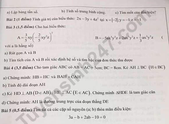 De kiem tra giua ki 2 mon Toan lop  7 THCS Phuc Dien 2018