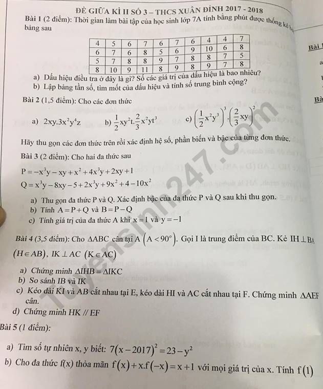De thi giua ki 2 lop 7 mon Toan THCS Xuan Dinh 2018