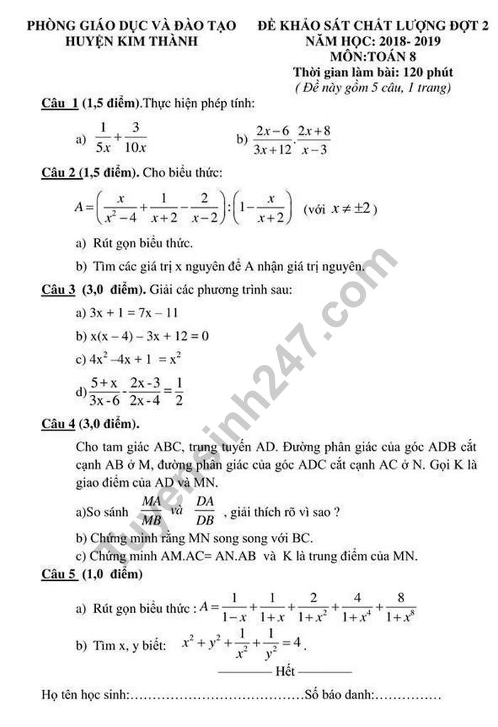 De kiem tra giua ki 2 lop 8 mon Toan - Huyen Kim Thanh 2019
