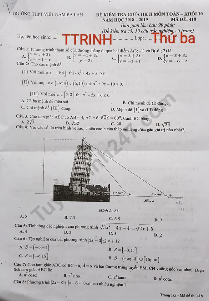 De thi giua ki 2 lop 10 mon Toan 2019 - THPT Viet Nam Ba Lan