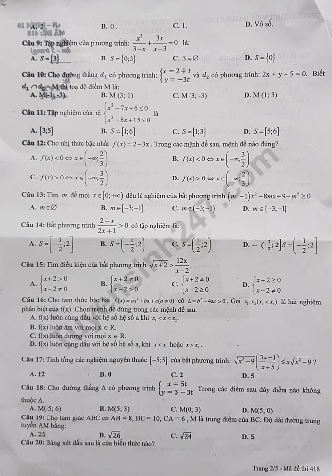De thi giua ki 2 lop 10 mon Toan 2019 - THPT Viet Nam Ba Lan