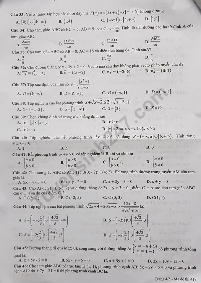 De thi giua ki 2 lop 10 mon Toan 2019 - THPT Viet Nam Ba Lan