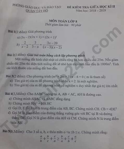 De thi giua ki 2 lop 8 mon Toan 2019 - Quan Tay Ho