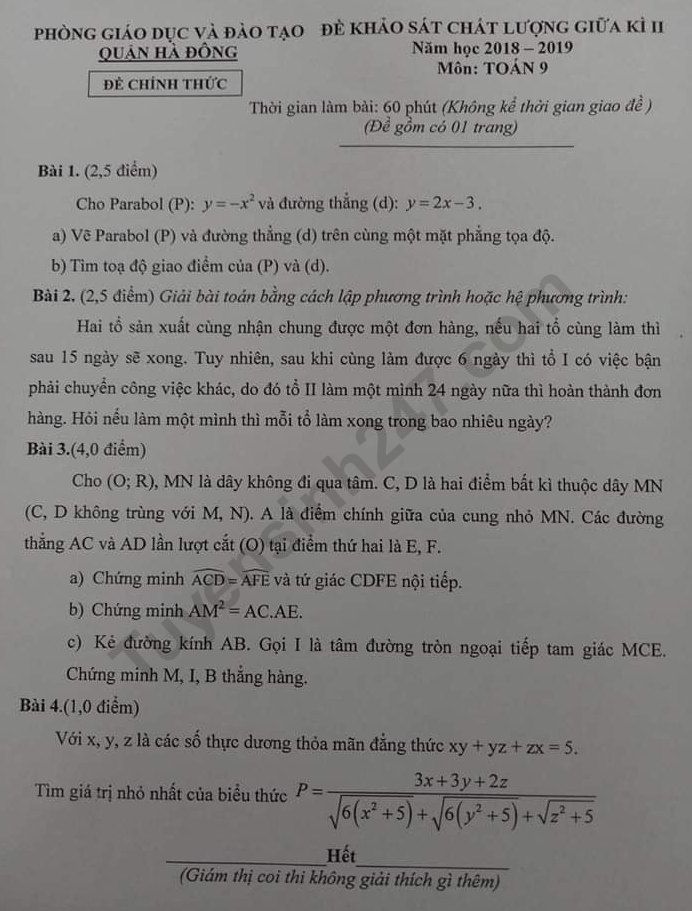 De thi giua ki 2 lop 9 mon Toan 2019 - Quan Ha Dong