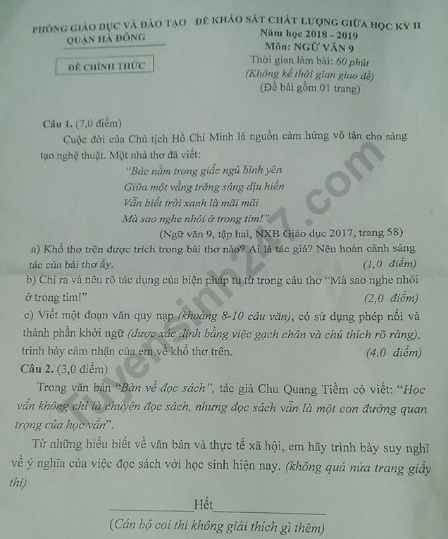 De thi giua ki 2 lop 9 mon Van Quan Ha Dong 2019