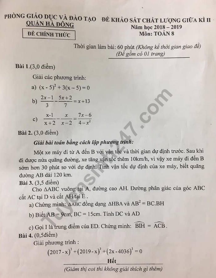 De kiem tra giua hoc ki 2 nam 2019 mon Toan lop 8 - Quan Ha Dong