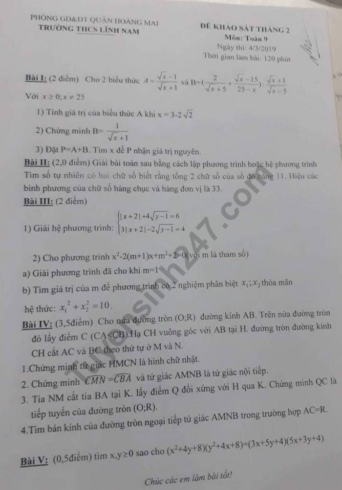 De kiem tra giua ki 2 lop 9 mon Toan - THCS Linh Nam