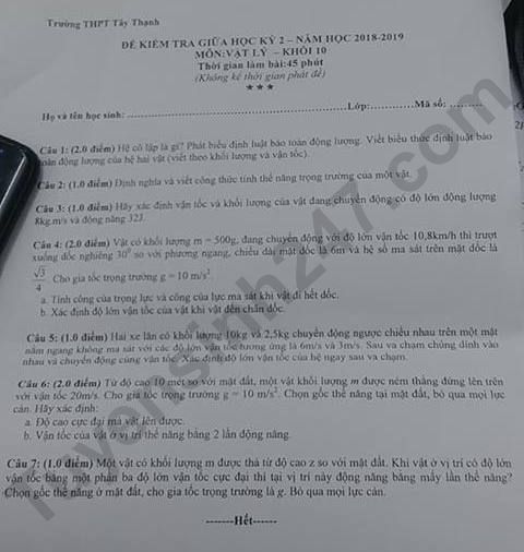 De thi giua hoc ki 2 mon Ly lop 10 THPT Tay Thanh 2019