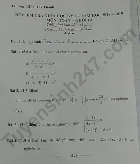 De thi giua ki 2 lop 10 mon Toan 2019 - THPT Tay Thanh