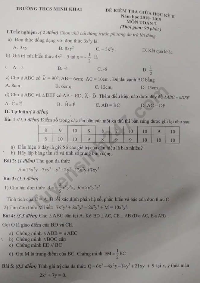De thi giua ki 2 lop 7 mon Toan THCS Minh Khai 2019