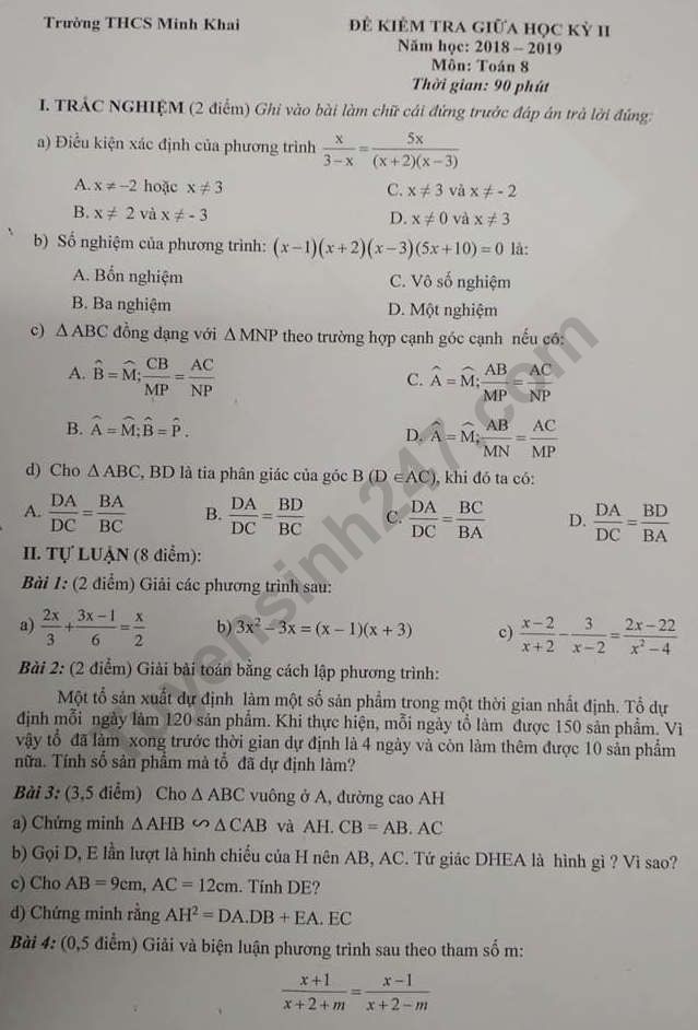 De thi giua ki 2 lop 8 mon Toan 2019 - THCS Minh Khai