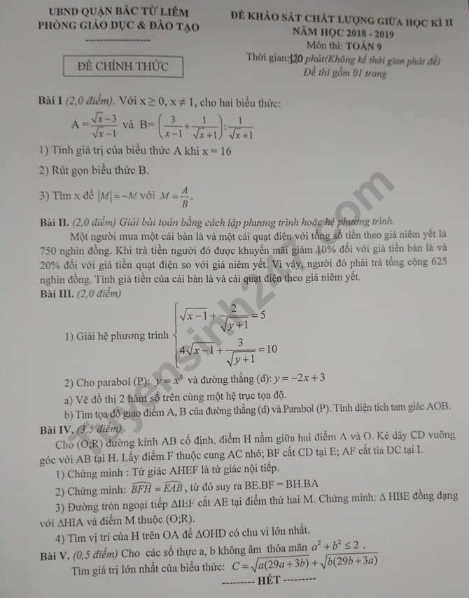 De thi giua ki 2 lop 9 mon Toan - Bac Tu Liem 2019