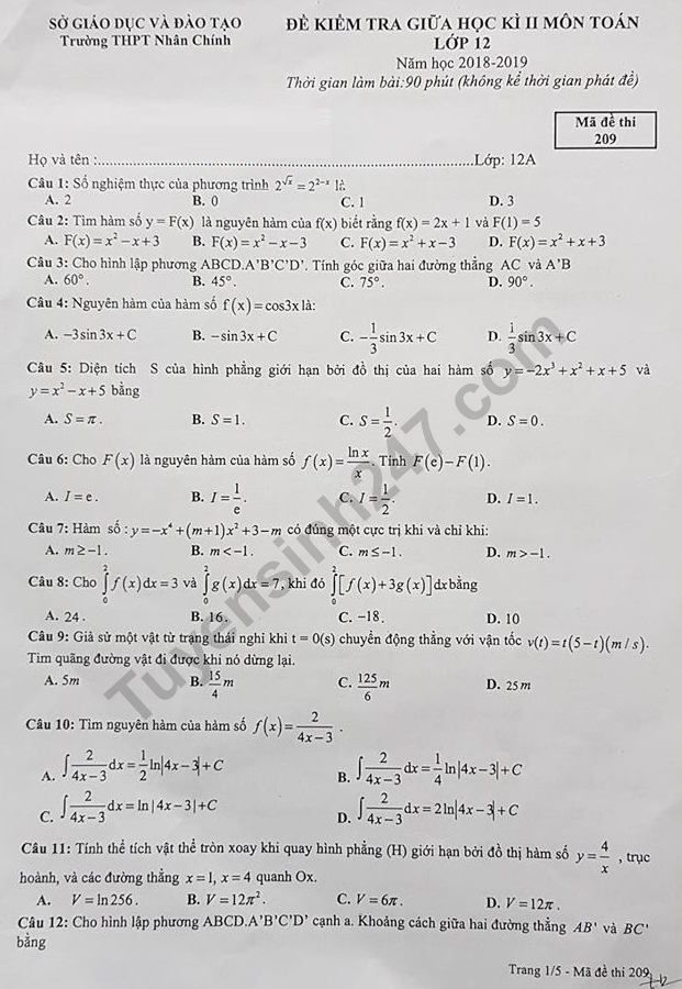 De thi giua ki 2 mon Toan lop 12 THPT Nhan Chinh 2019