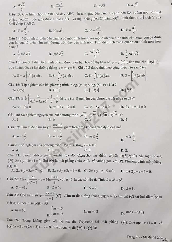 De thi giua ki 2 mon Toan lop 12 THPT Nhan Chinh 2019