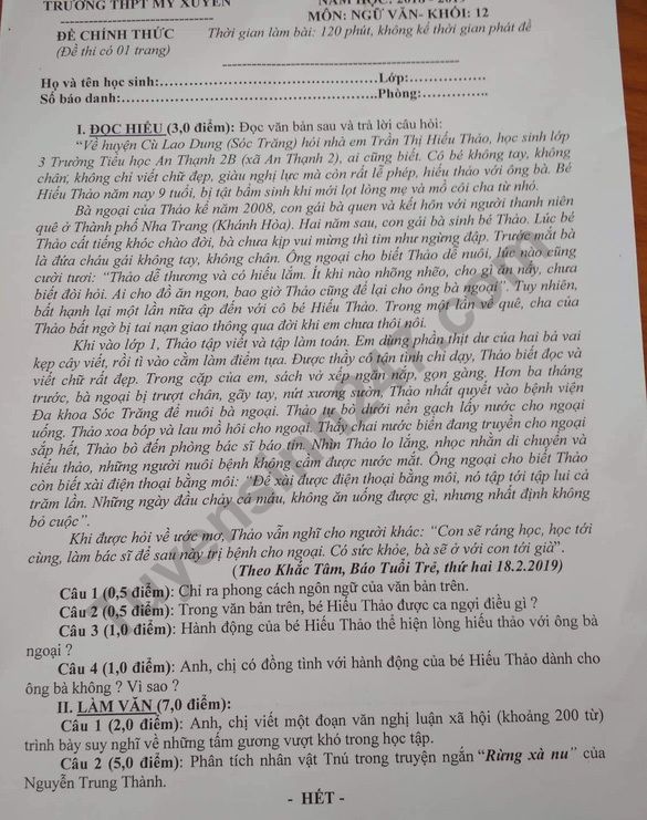 De thi giua ki 2 lop 12 mon Van 2019 - THPT My Xuyen