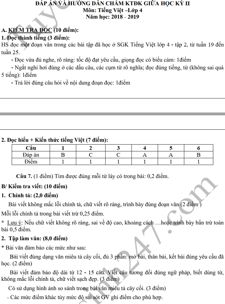 De thi giua ki 2 lop 4 mon Tieng Viet 2019 - TH Yen Thang