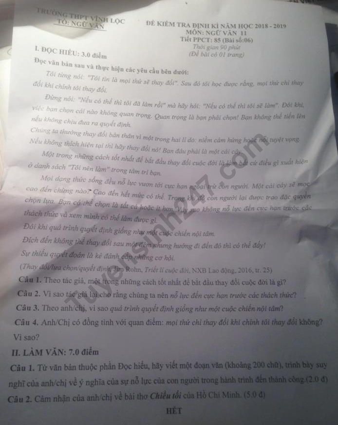 De thi giua ki 2 lop 11 mon Van 2019 - THPT Vinh Loc