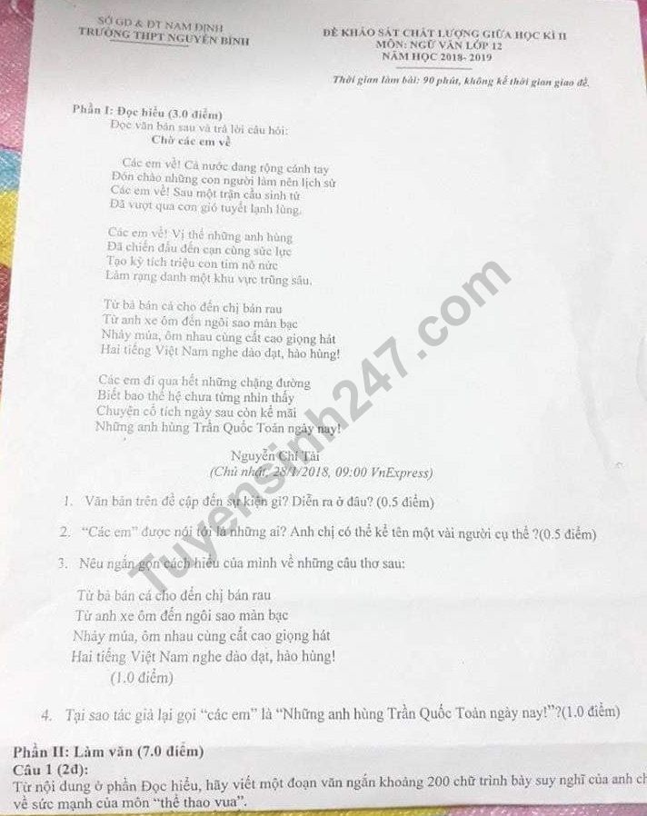 De thi giua hoc ki 2 lop 12 mon Van - THPT Nguyen Binh 2019