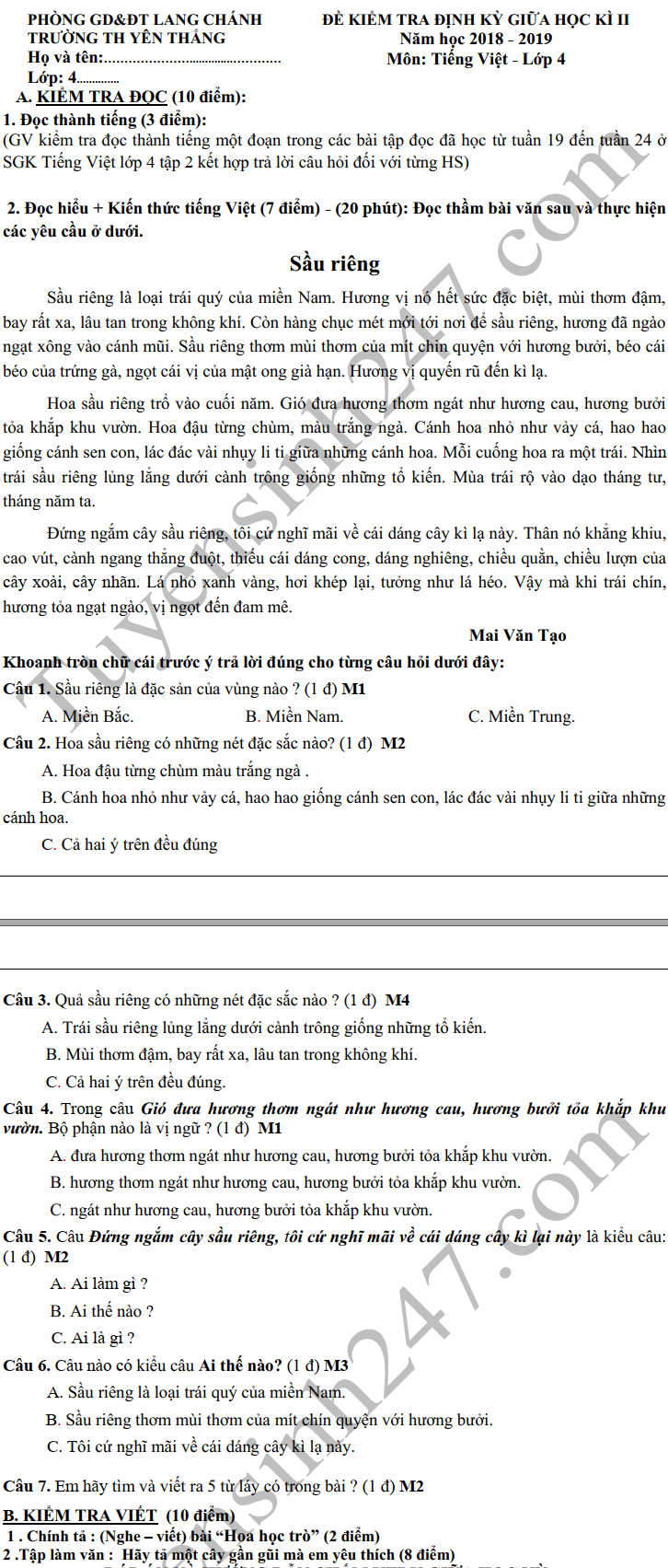 De thi giua ki 2 lop 4 mon Tieng Viet 2019 - TH Yen Thang