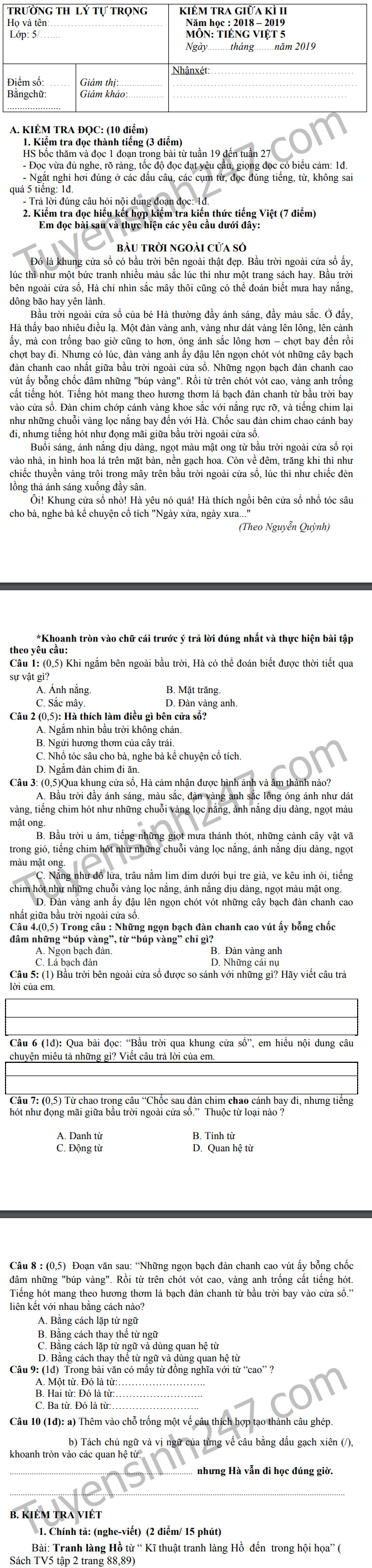 De thi giua ki 2 lop 5 mon Tieng Viet - TH Ly Tu Trong 2019