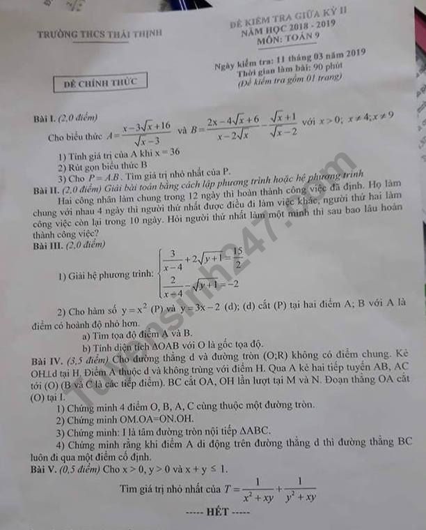De thi giua ki 2 lop 9 mon Toan THCS Thai Thinh 2019