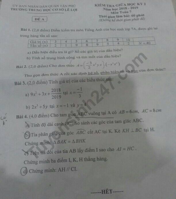 De thi giua ki 2 lop 7 mon Toan 2019 - THCS Le Loi