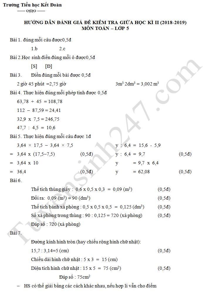 De thi giua ki 2 lop 5 mon Toan 2019 - TH Ket Doan