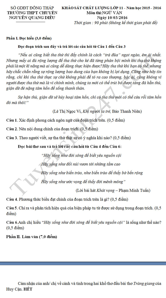De thi giua hoc ki 2 lop 11 mon Van - THPT Chuyen Nguyen Quang Dieu