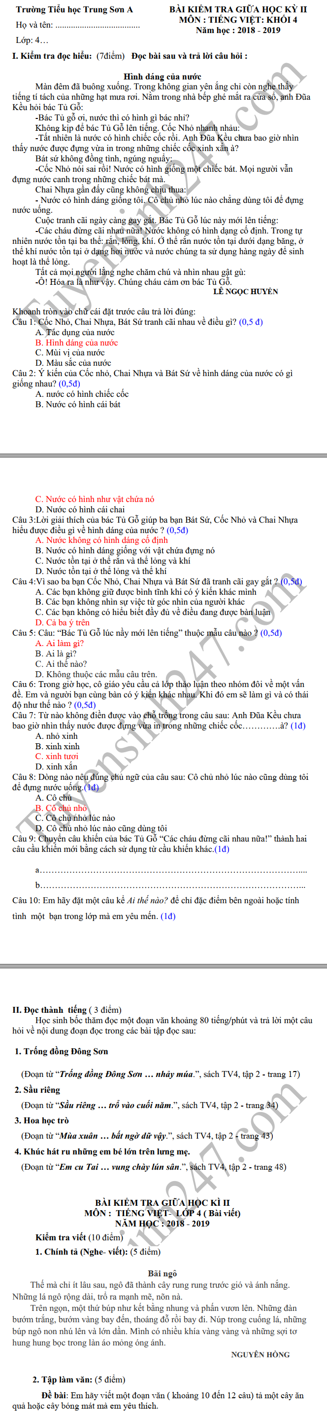 De thi giua ki 2 lop 4 mon Tieng Viet 2019 - TH Trung Son A