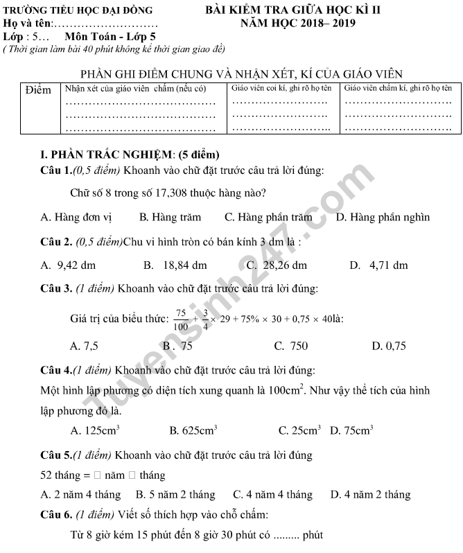 De thi giua ki 2 lop 5 mon Toan 2019 - TH Dai Dong