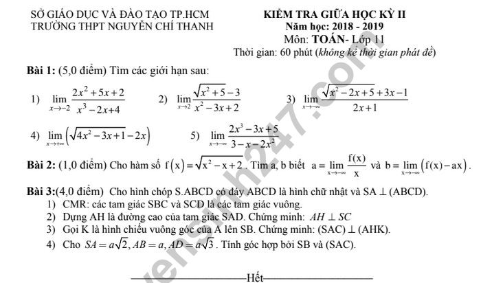 De thi giua hoc ki 2 mon Toan lop 11 - THPT Nguyen Chi Thanh 2019