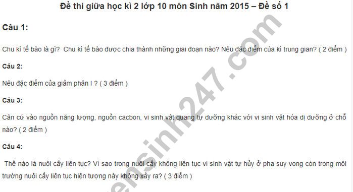 De thi giua ki 2 lop 10 mon Sinh - De so 1